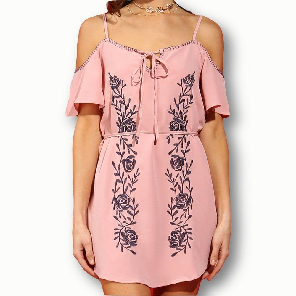 Papaya Dress EUC Pink and Navy Blue Rose Embroidered Wrap Tunic Size Small
